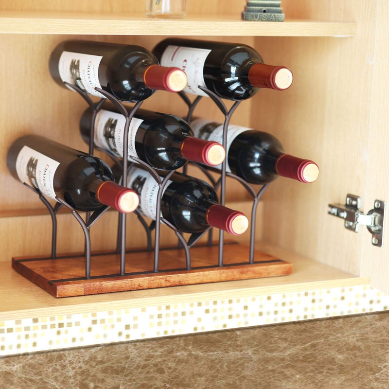 ALLCENER Countertop Bottle Rack, Tabletop Wood Bottle Holder, Hold 6 Bottles, Perfect for Home Decor & Kitchen Storage Rack, Bar, Cellar, Cabinet, Pantry, etc, Wood & Metal (Bronze) - Image 4